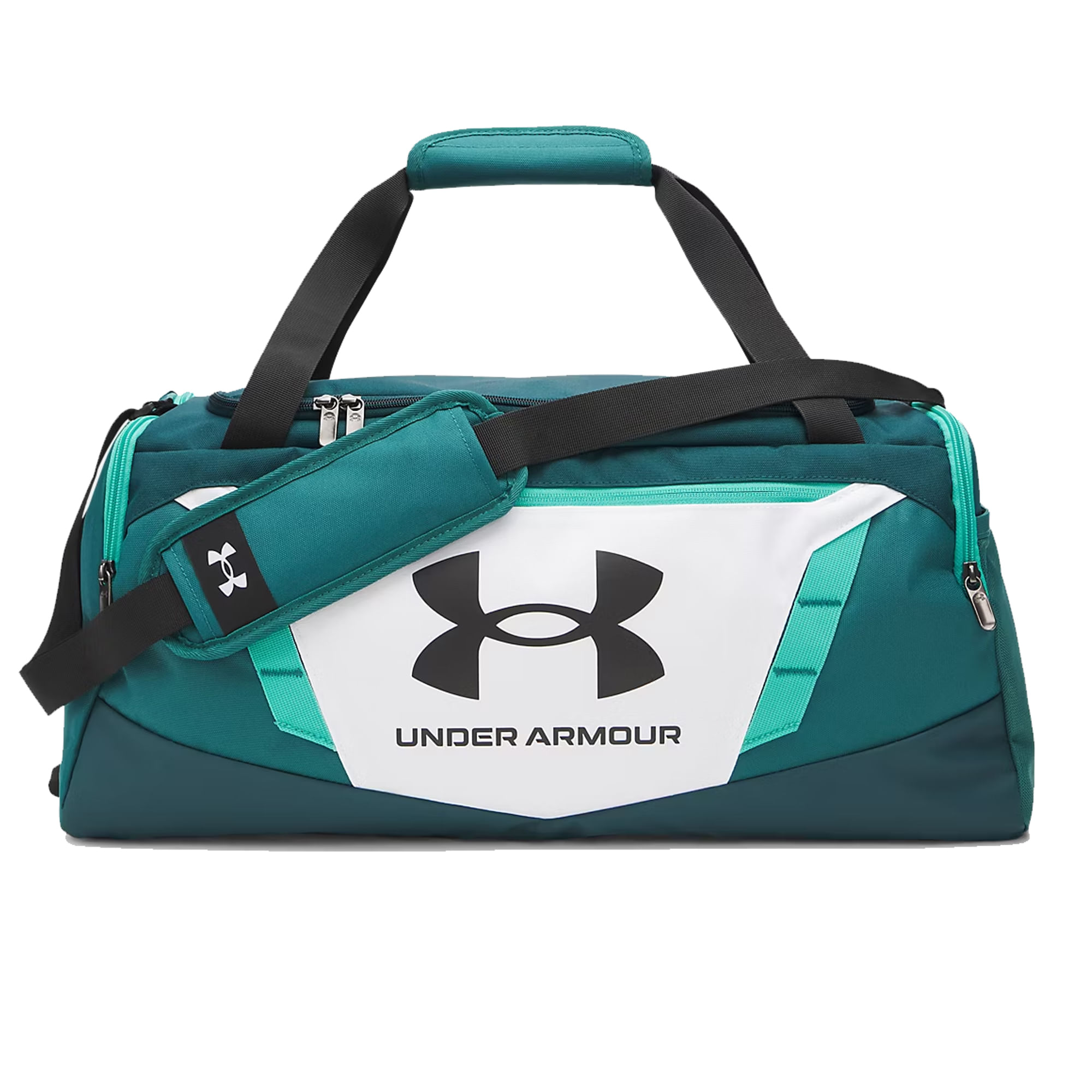 Mala de academia Under Armour Undeniable 5.0 verde com detalhes em branco e preto, vista frontal com alça ajustável acolchoada e logo preto em painel branco.
